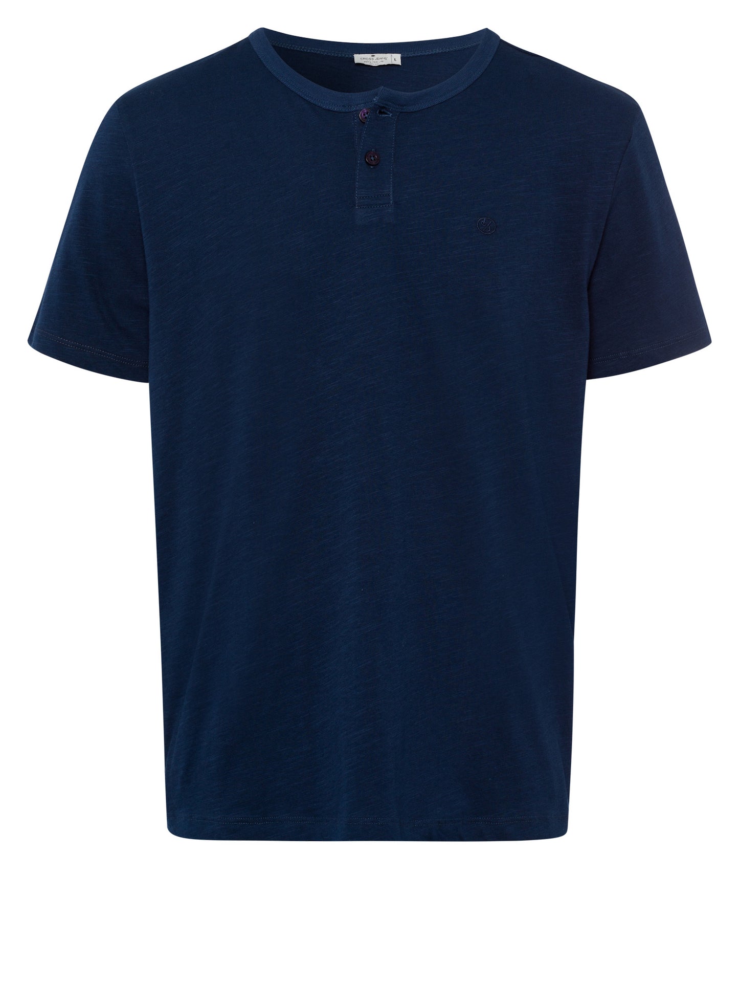 Men's regular T-shirt with Henley neck in navy blue.