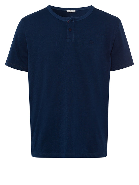 Men's regular T-shirt with Henley neck in navy blue.