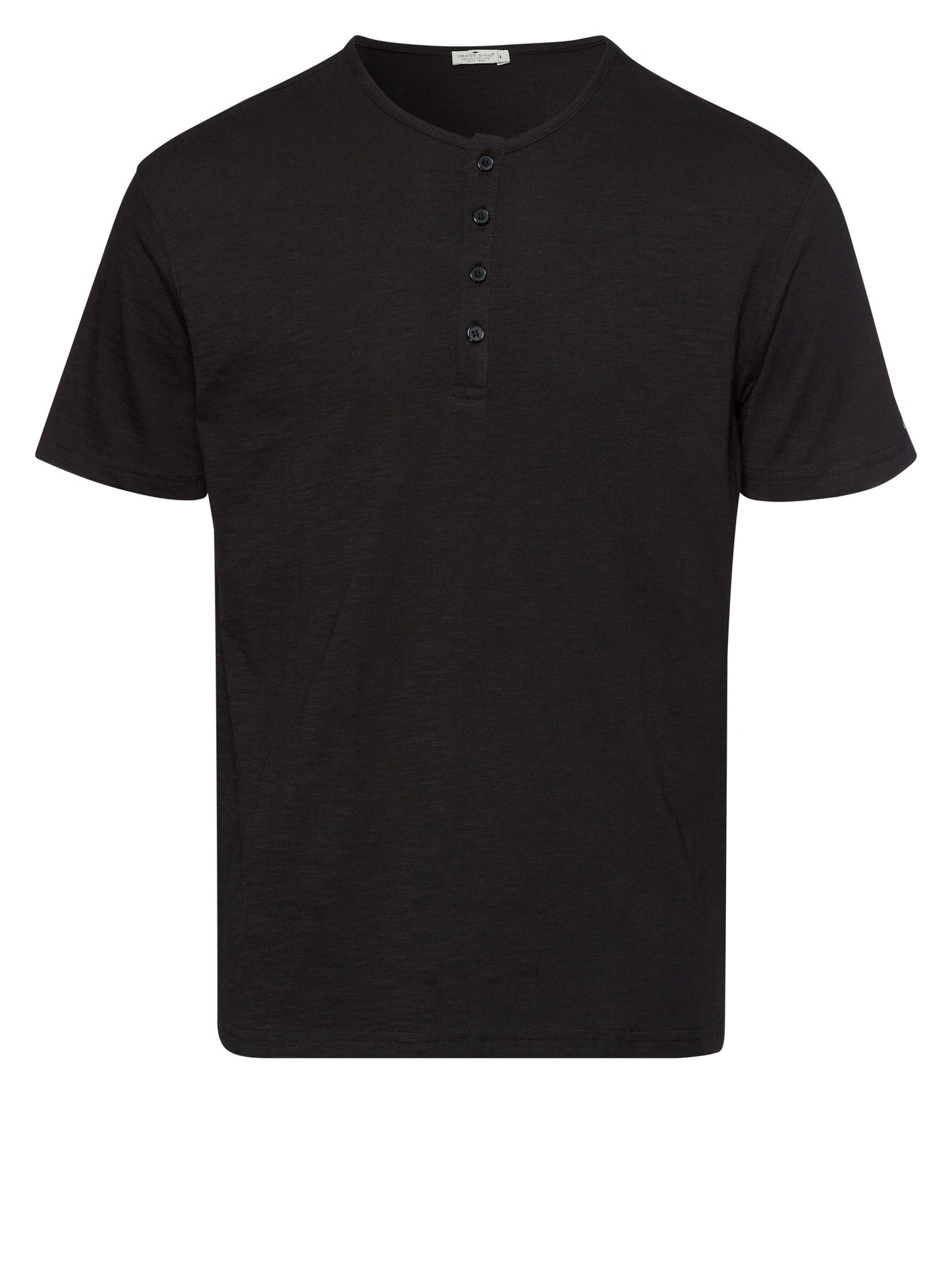 Men's regular T-shirt with short button placket, black.