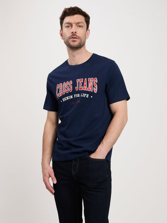 Men's regular T-shirt with large label print navy blue