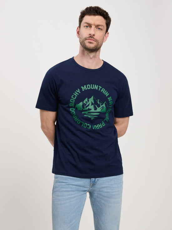 Men's regular T-shirt with motif and statement print navy blue