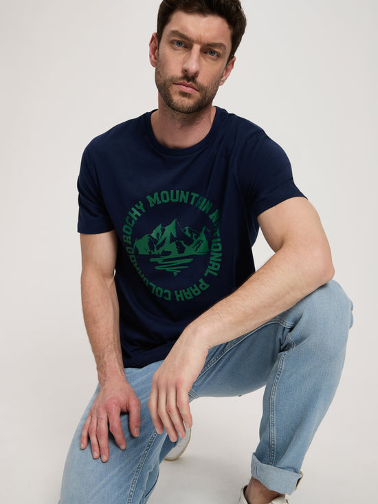 Men's regular T-shirt with motif and statement print navy blue