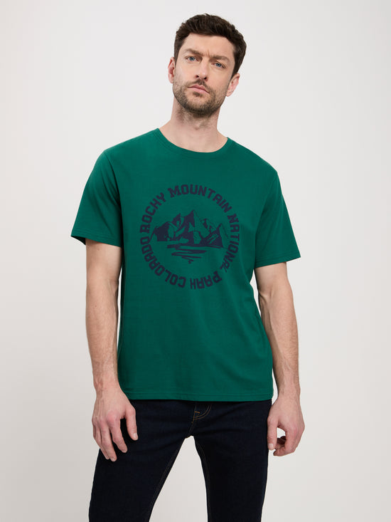 Men's regular T-shirt with motif and statement print green