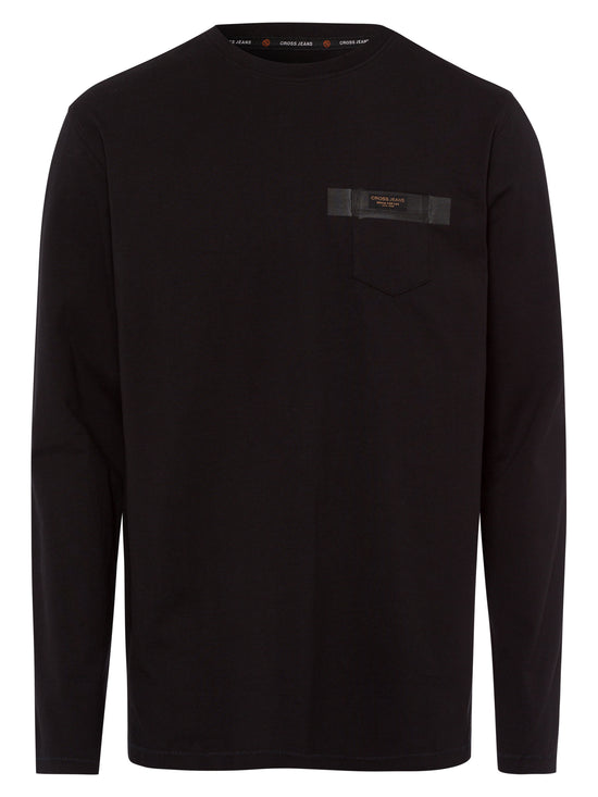 Men's long-sleeved shirt with logo print and breast pocket in black