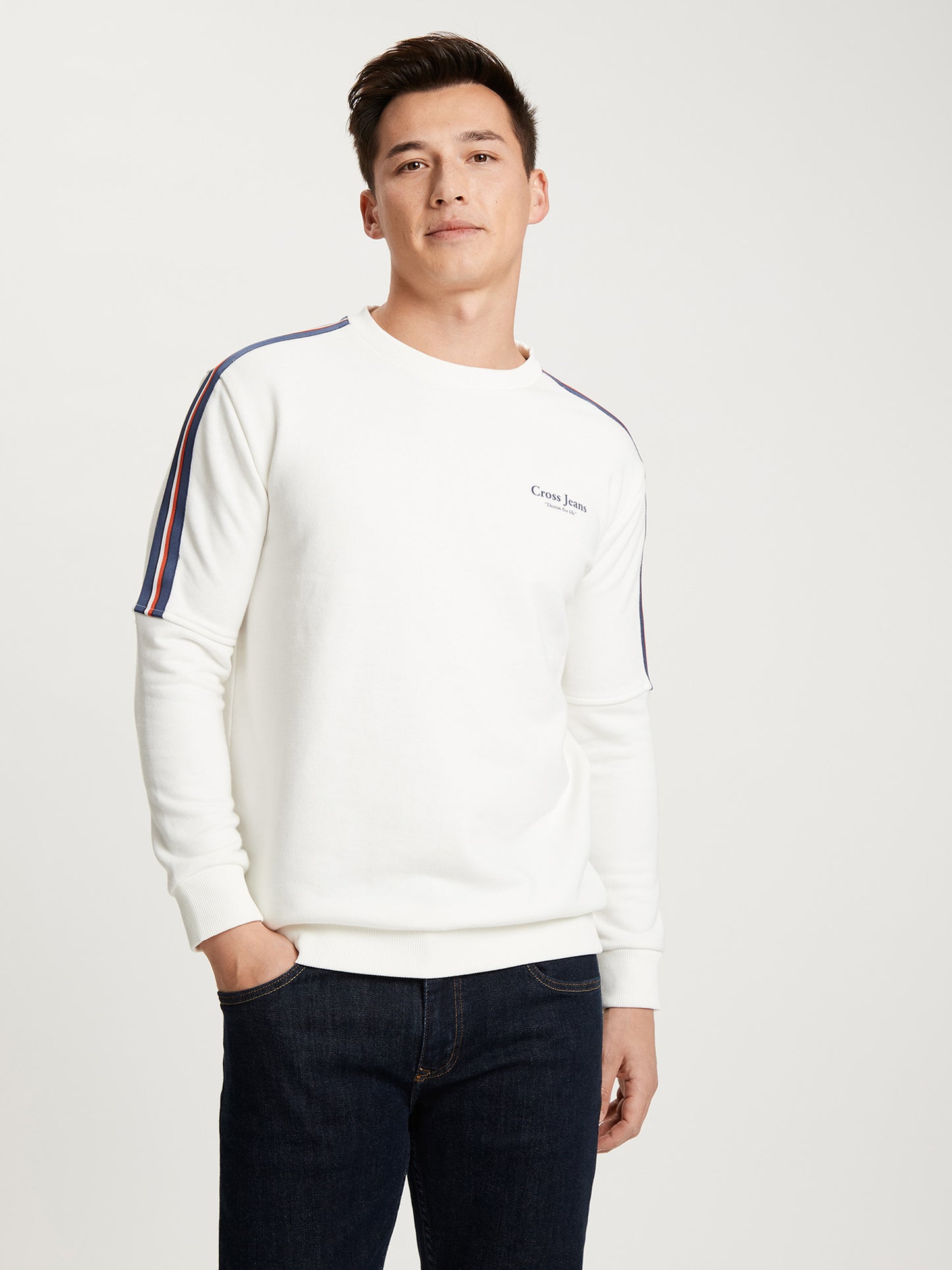 Men's regular sweatshirt with racing stripes ecru