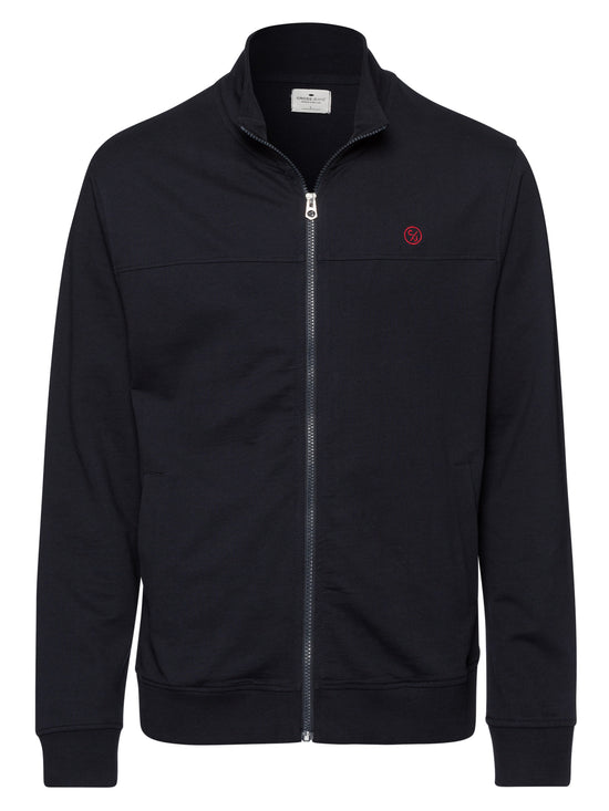 Men's regular sweat jacket with stand-up collar and zip in navy blue.