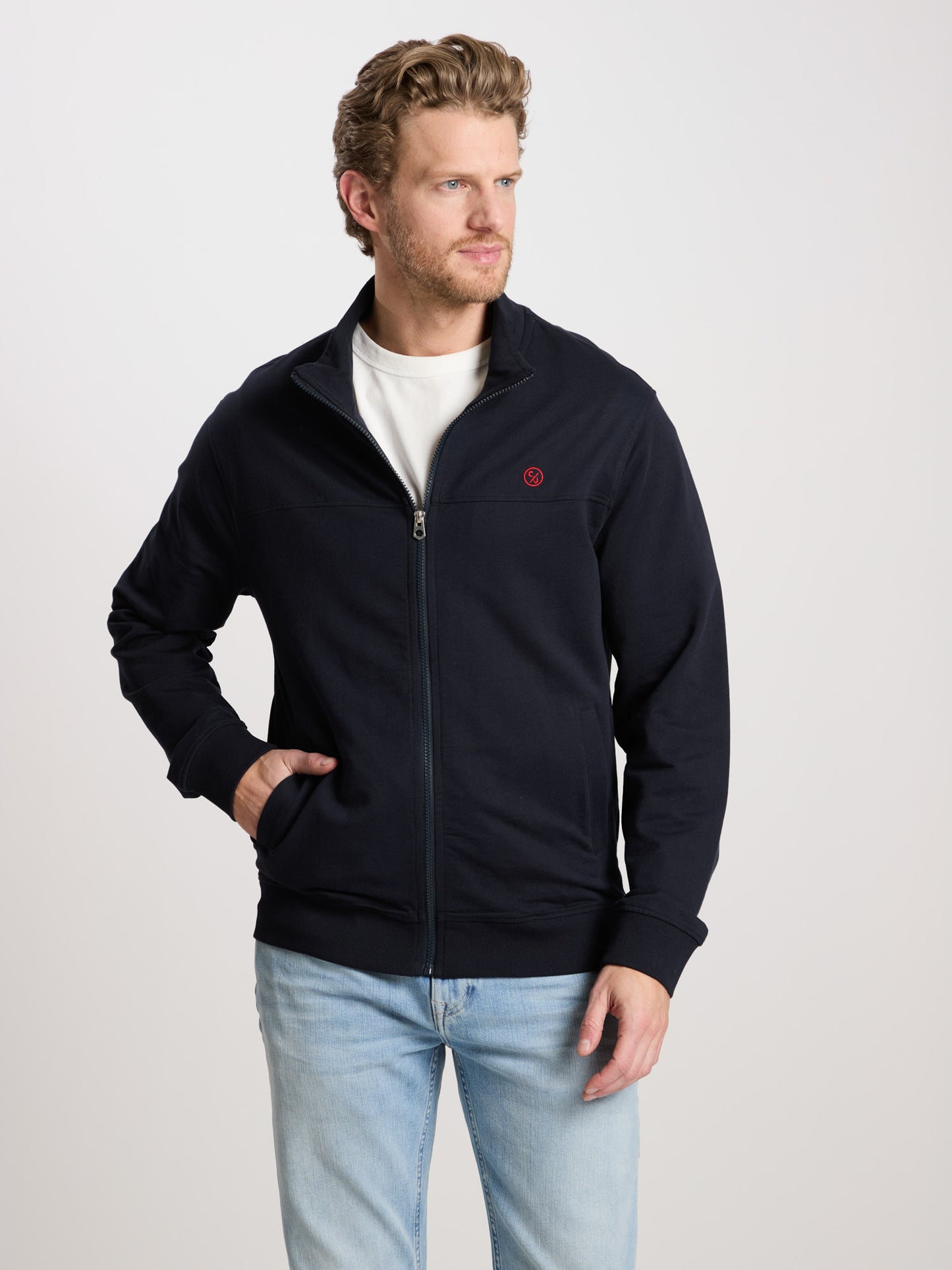 Men's regular sweat jacket with stand-up collar and zip in navy blue.