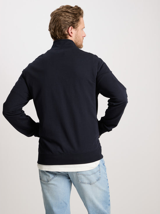 Men's regular sweat jacket with stand-up collar and zip in navy blue.