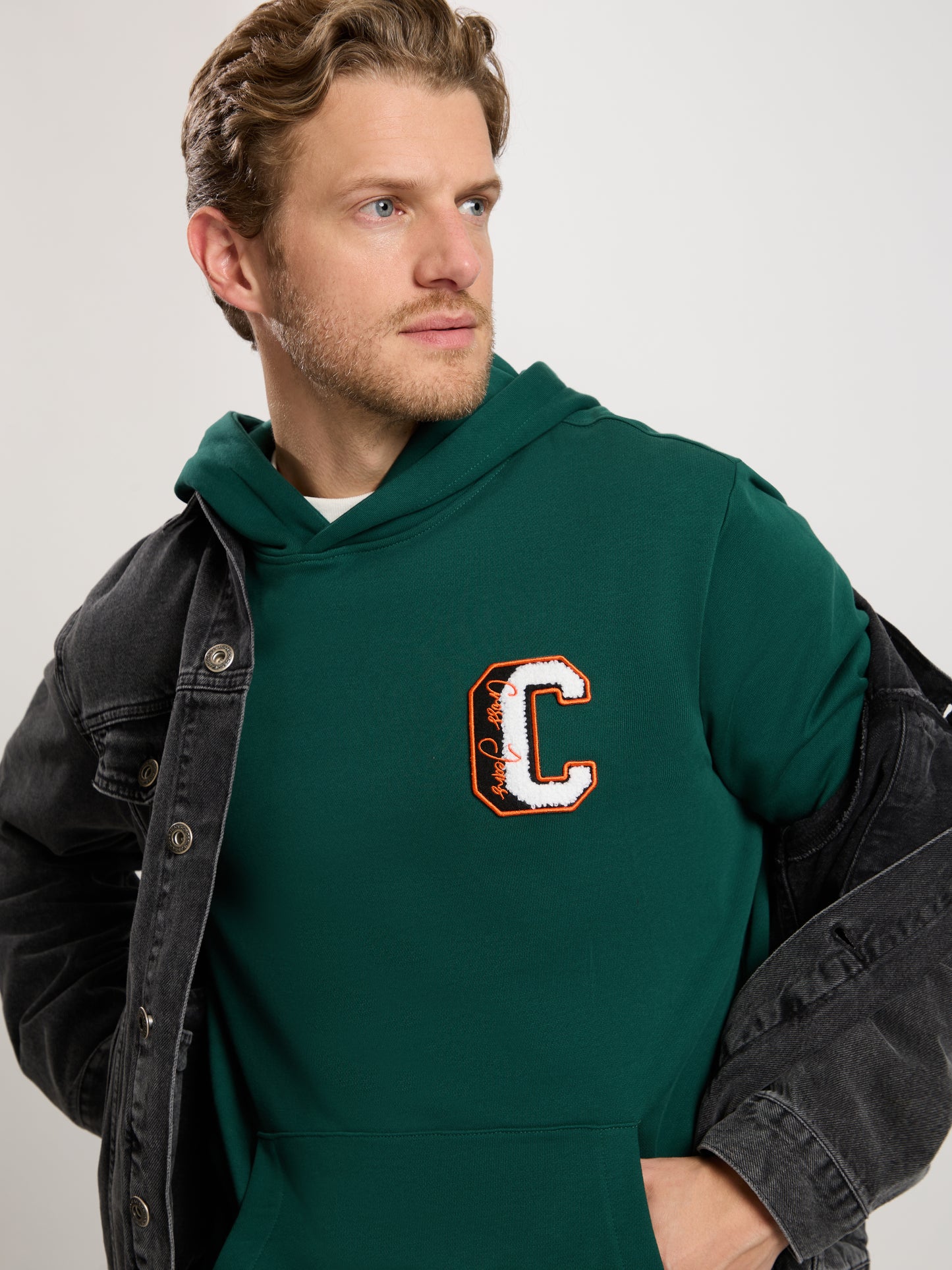 Men's Regular Hoodie with Hood and Label Logo Green