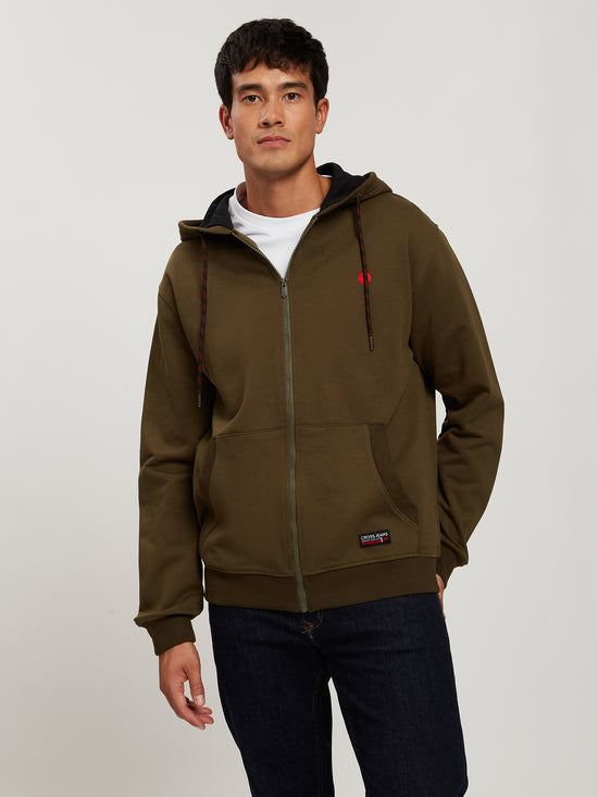 Herren Regular Sweatjacke mit Kapuze, Reißverschluss und Känguru-Tasche khaki