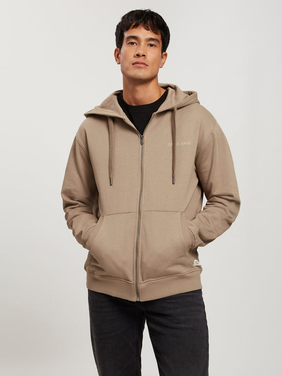 Herren Regular Sweatjacke mit Kapuze, Reißverschluss und Känguru-Tasche taupe