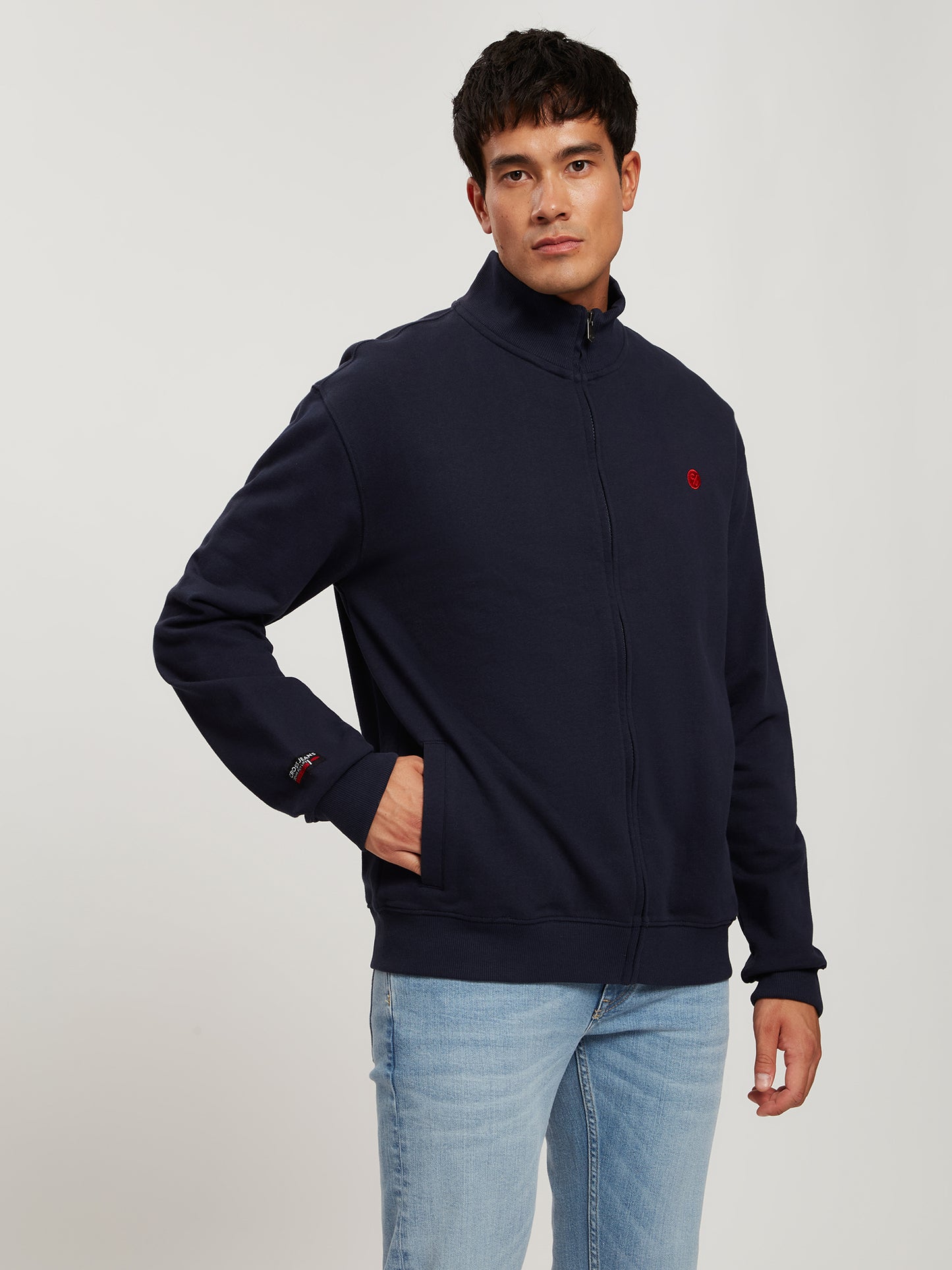 Men's regular sweat jacket with stand-up collar, zip and pockets navy blue