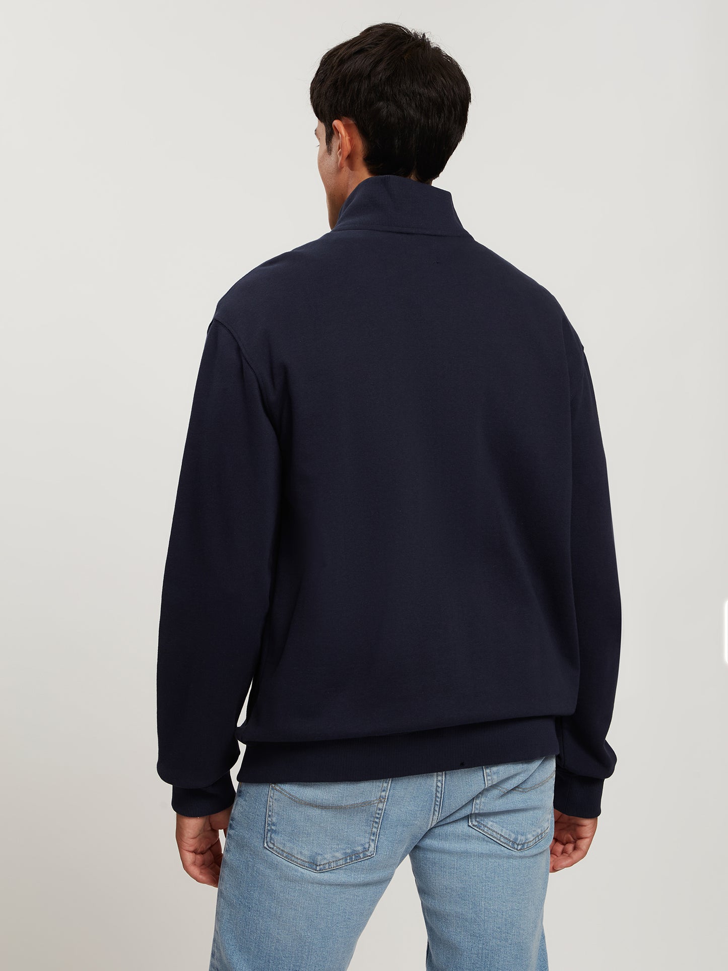 Men's regular sweat jacket with stand-up collar, zip and pockets navy blue