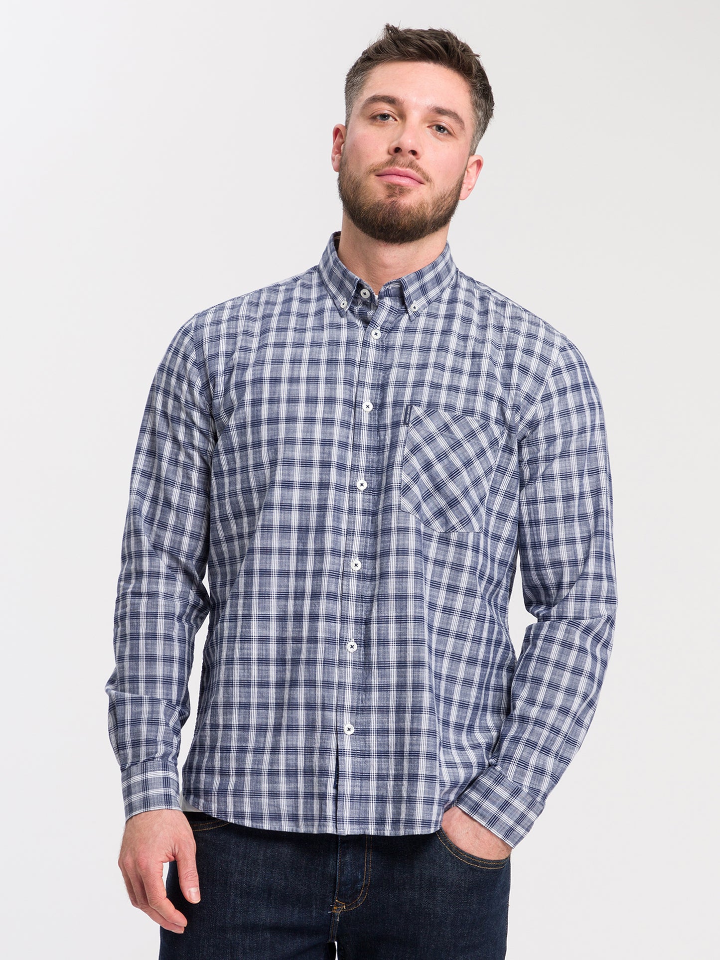 Men's regular long-sleeved shirt blue checked