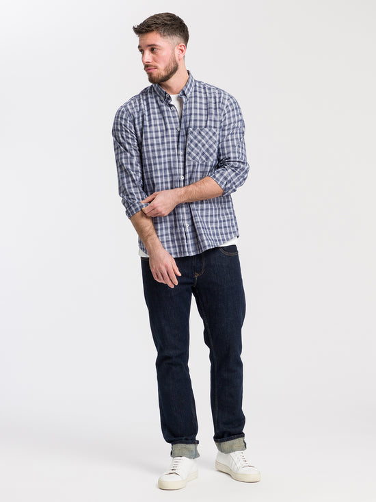 Men's regular long-sleeved shirt blue checked