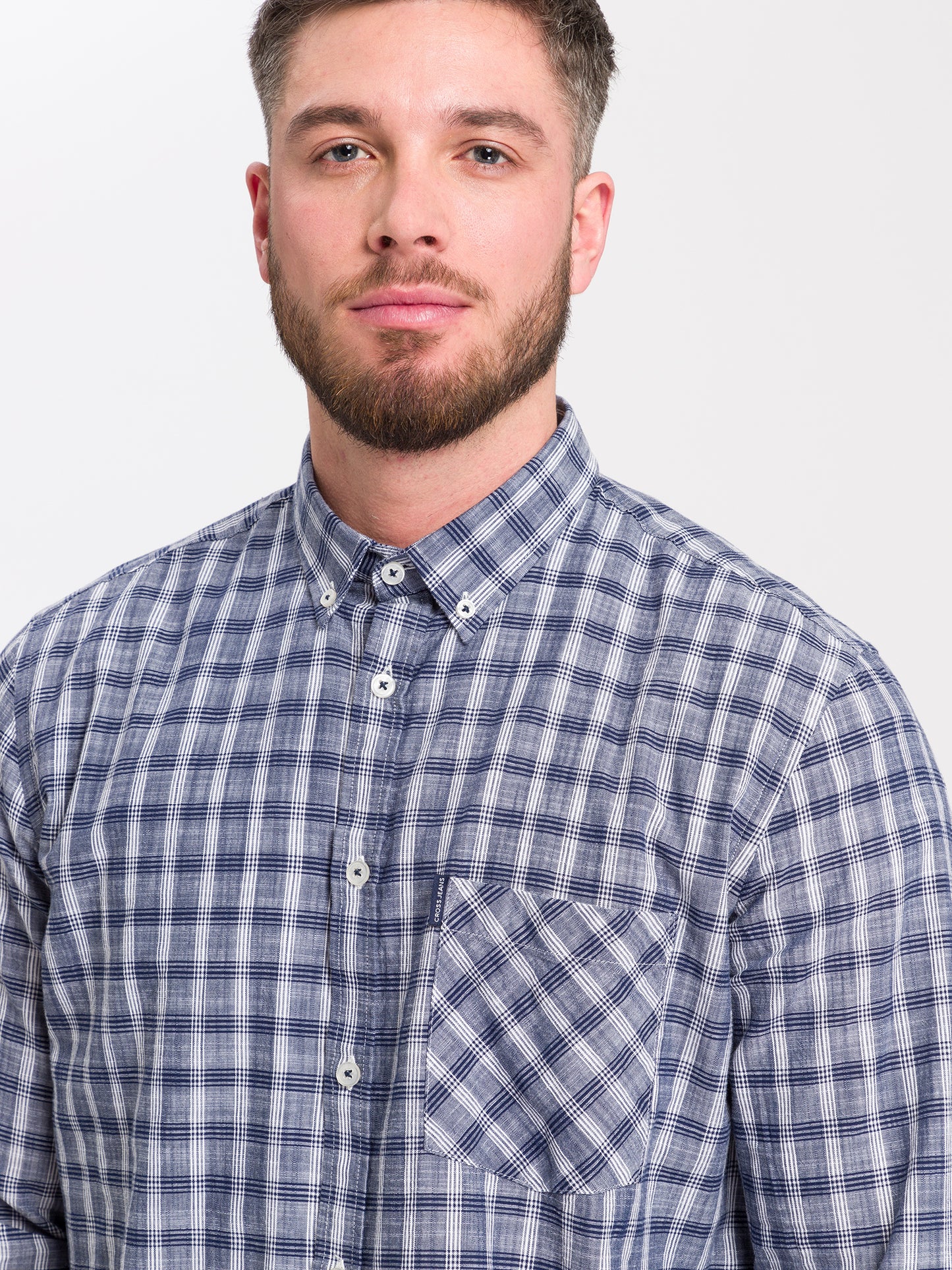 Men's regular long-sleeved shirt blue checked