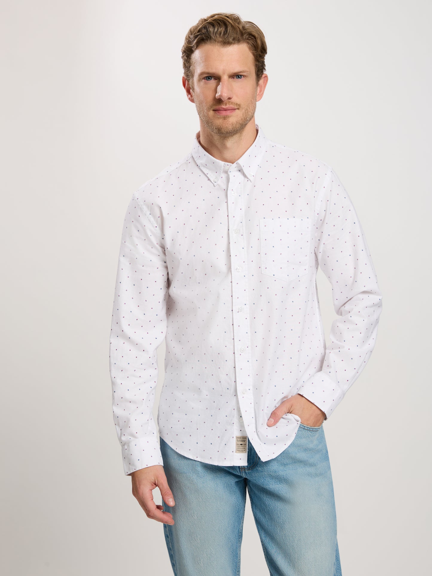 Men's Regular Long Sleeve Shirt Blue-Red Dotted in White