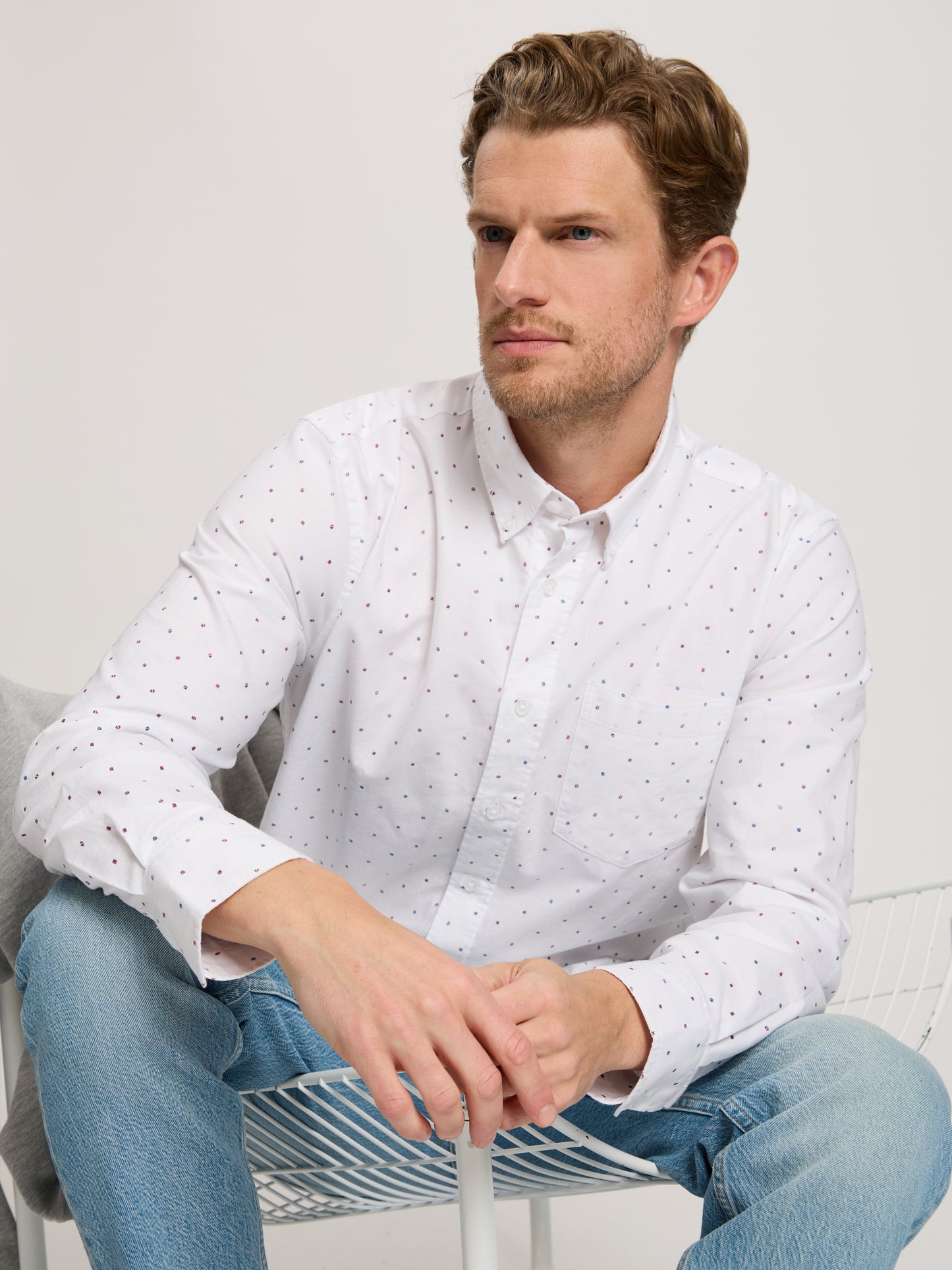 Men's Regular Long Sleeve Shirt Blue-Red Dotted in White