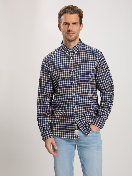 Men's Regular Long Sleeve Shirt Navy Blue Checked