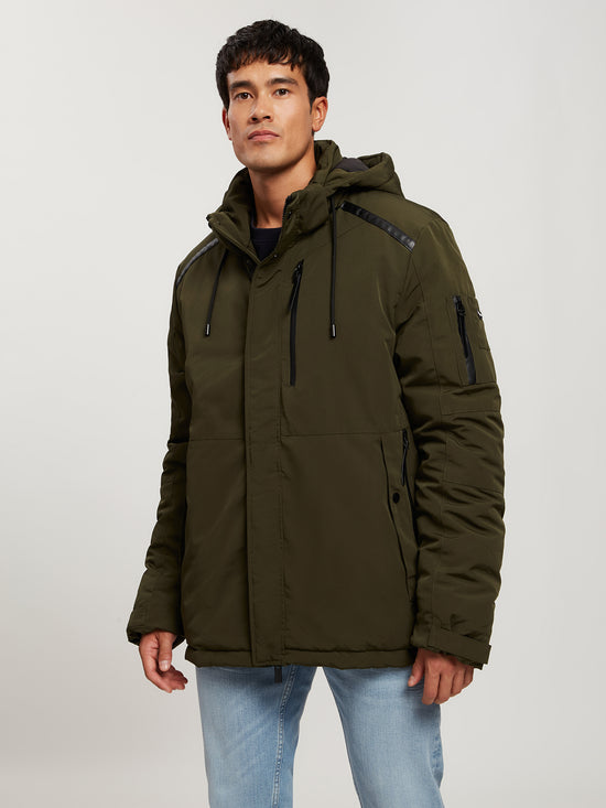 Herren Regular Winterjacke mit Kapuze, Reißverschluss und vier Taschen khaki