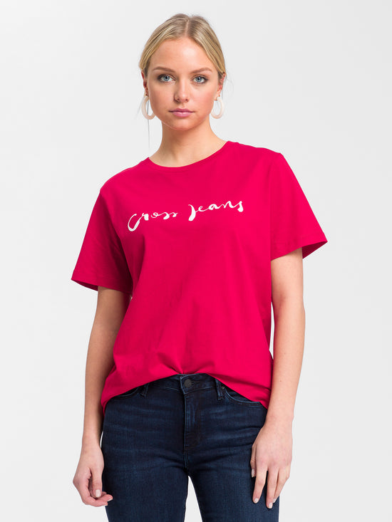 Damen Regular T-Shirt mit Cross Jeans Logo Print rot