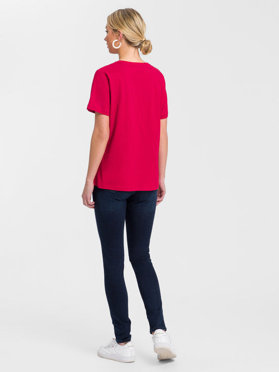 Damen Regular T-Shirt mit Cross Jeans Logo Print rot