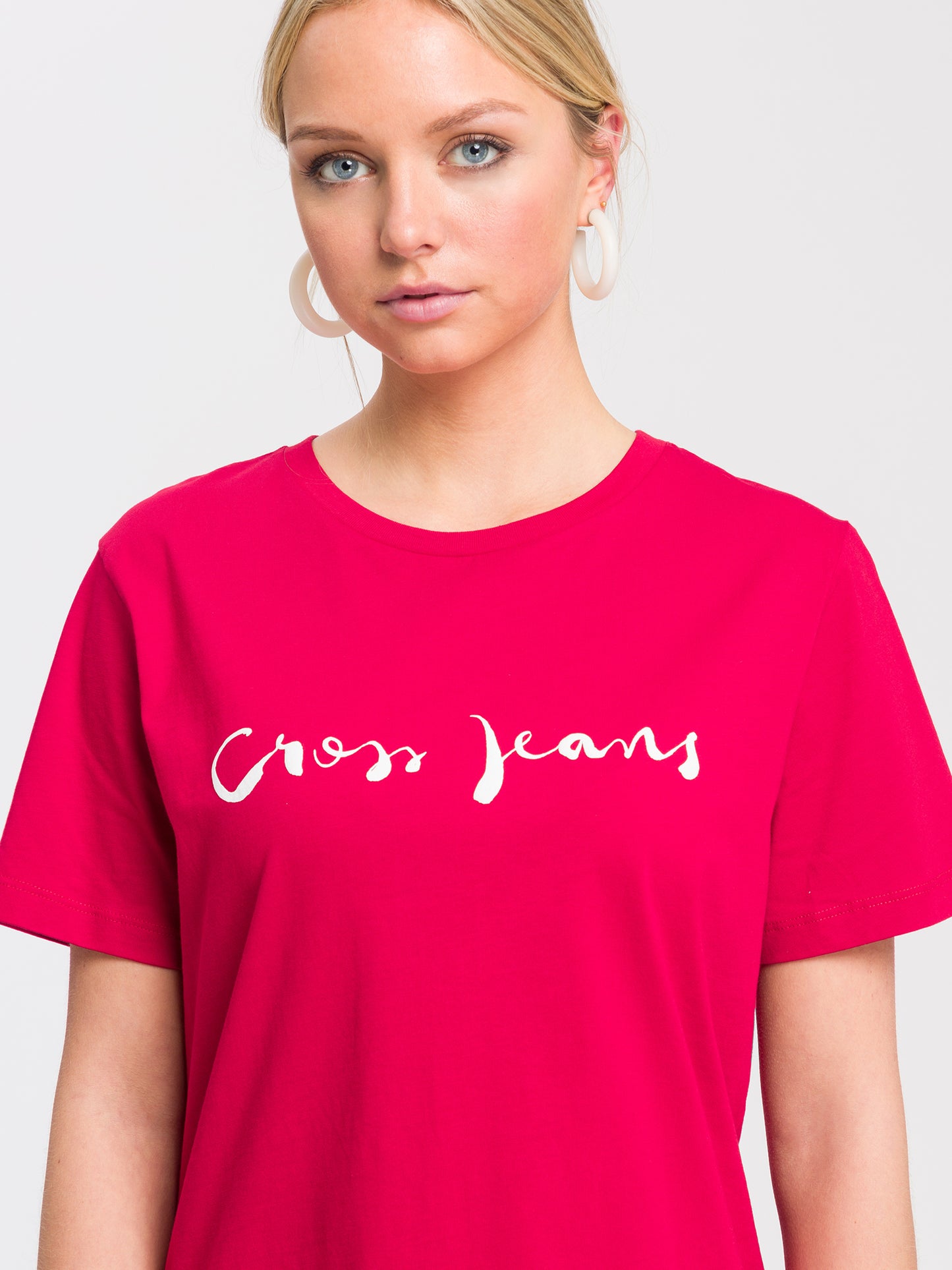 Damen Regular T-Shirt mit Cross Jeans Logo Print rot