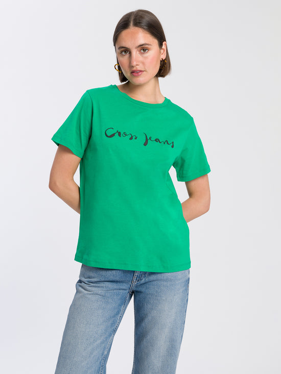 Damen Regular T-Shirt mit Cross Jeans Logo Print grün