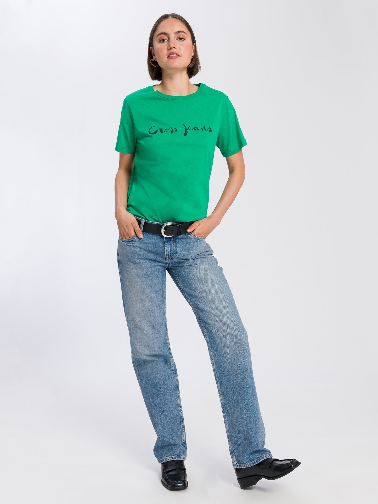 Damen Regular T-Shirt mit Cross Jeans Logo Print grün