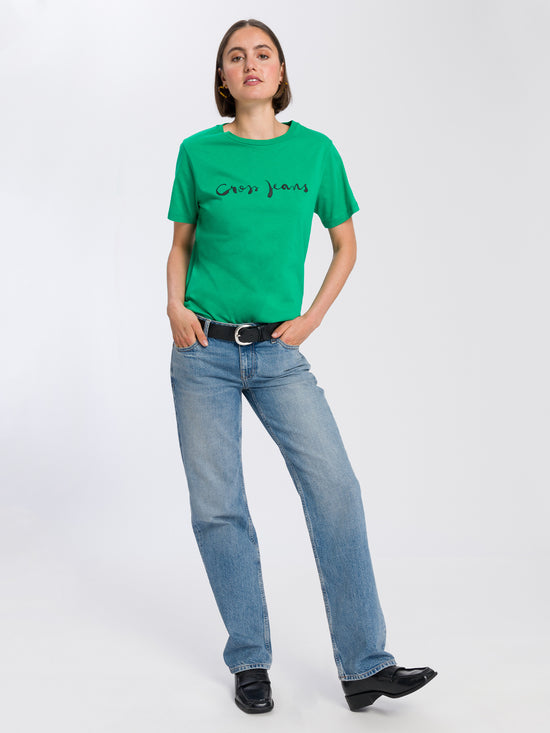 Damen Regular T-Shirt mit Cross Jeans Logo Print grün