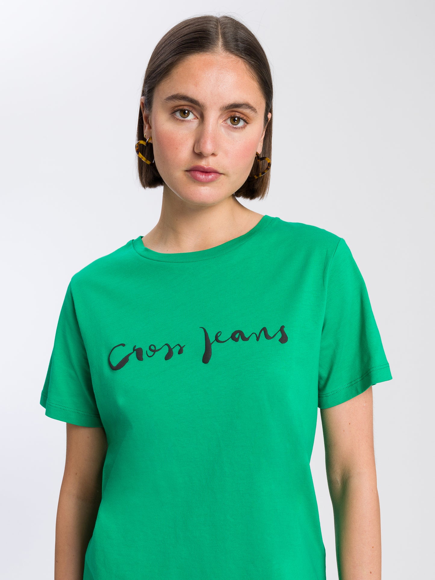 Damen Regular T-Shirt mit Cross Jeans Logo Print grün