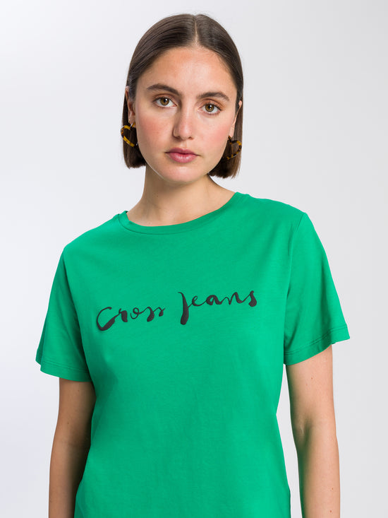 Damen Regular T-Shirt mit Cross Jeans Logo Print grün