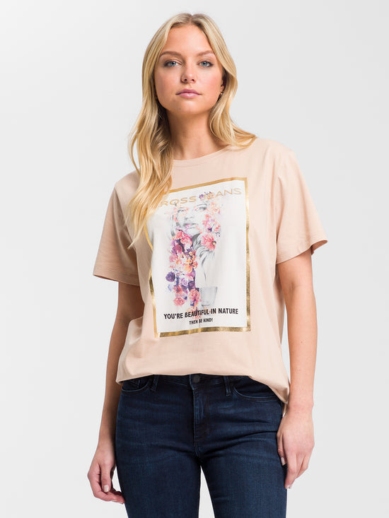 Damen Regular T-Shirt mit floralem Print rosé