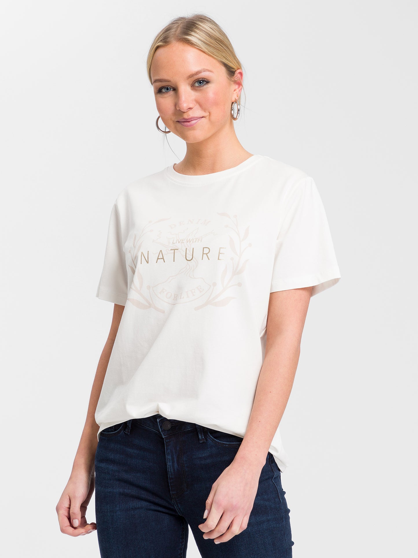 Damen Regular Print T-Shirt Live with Nature weiß