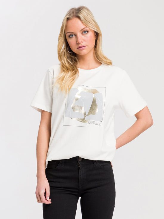 Damen Regular T-Shirt mit Gold Print weiß