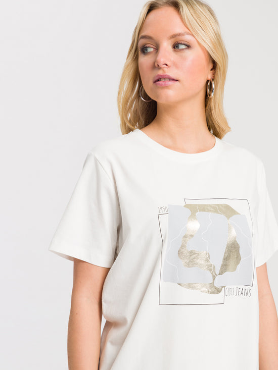 Damen Regular T-Shirt mit Gold Print weiß