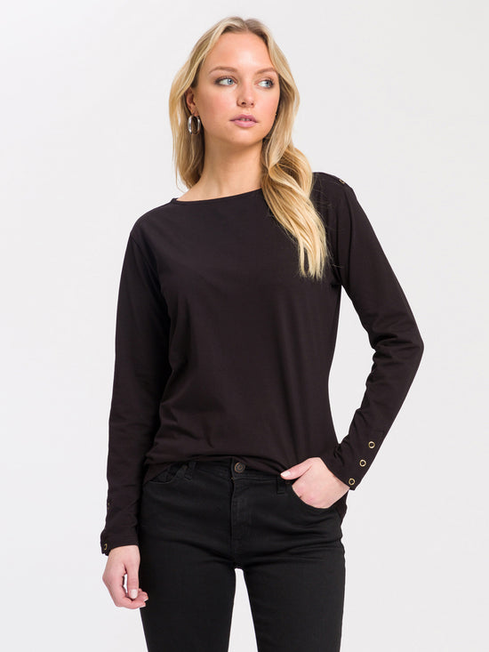 Damen Slim Langarmshirt mit Knopf Details schwarz