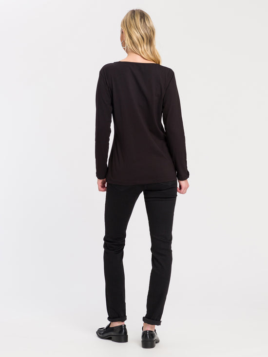 Damen Slim Langarmshirt mit Knopf Details schwarz