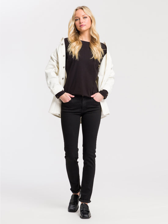 Damen Slim Langarmshirt mit Knopf Details schwarz