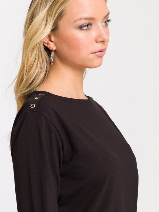 Damen Slim Langarmshirt mit Knopf Details schwarz