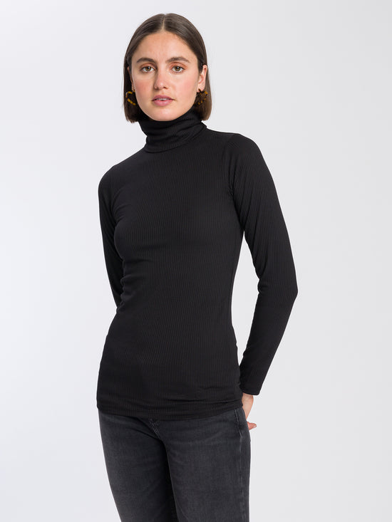 Damen Slim Langarmshirt mit Rollkragen schwarz