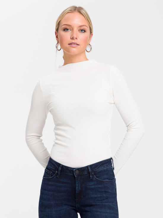 Damen Slim Langarmshirt kurz mit Stehkragen weiß