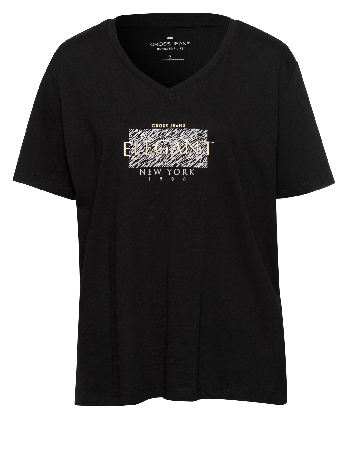 Damen Regular T-Shirt mit V-Ausschnitt und platziertem Print schwarz.