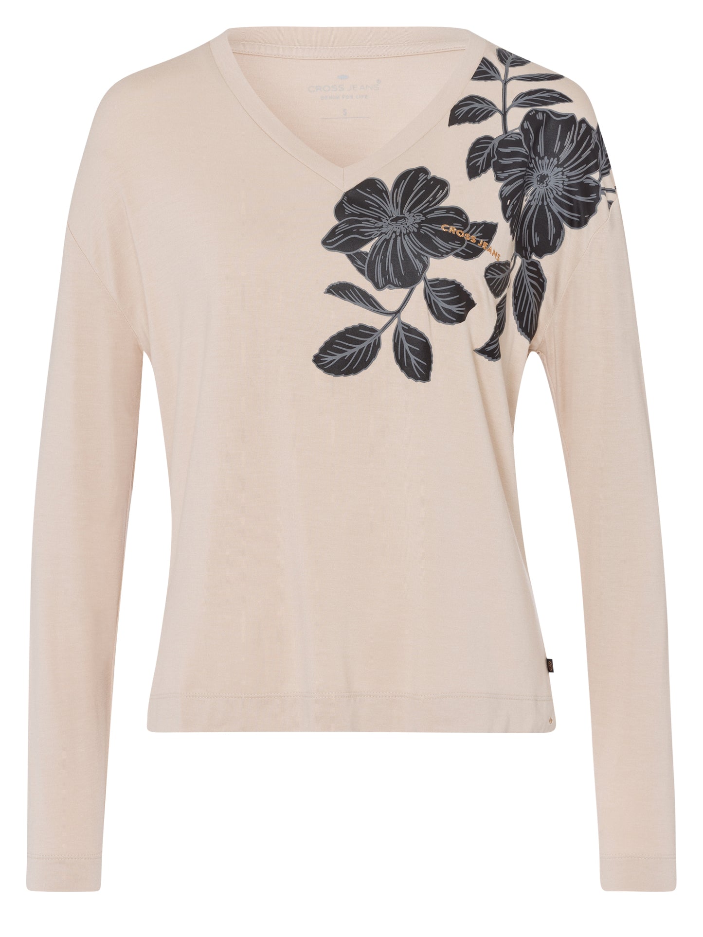 Damen Regular Langarmshirt mit V-Ausschnitt und floralem Print steinfarben