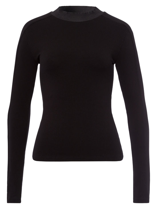 Damen Slim Langarmshirt mit kleinem Stehkragen schwarz