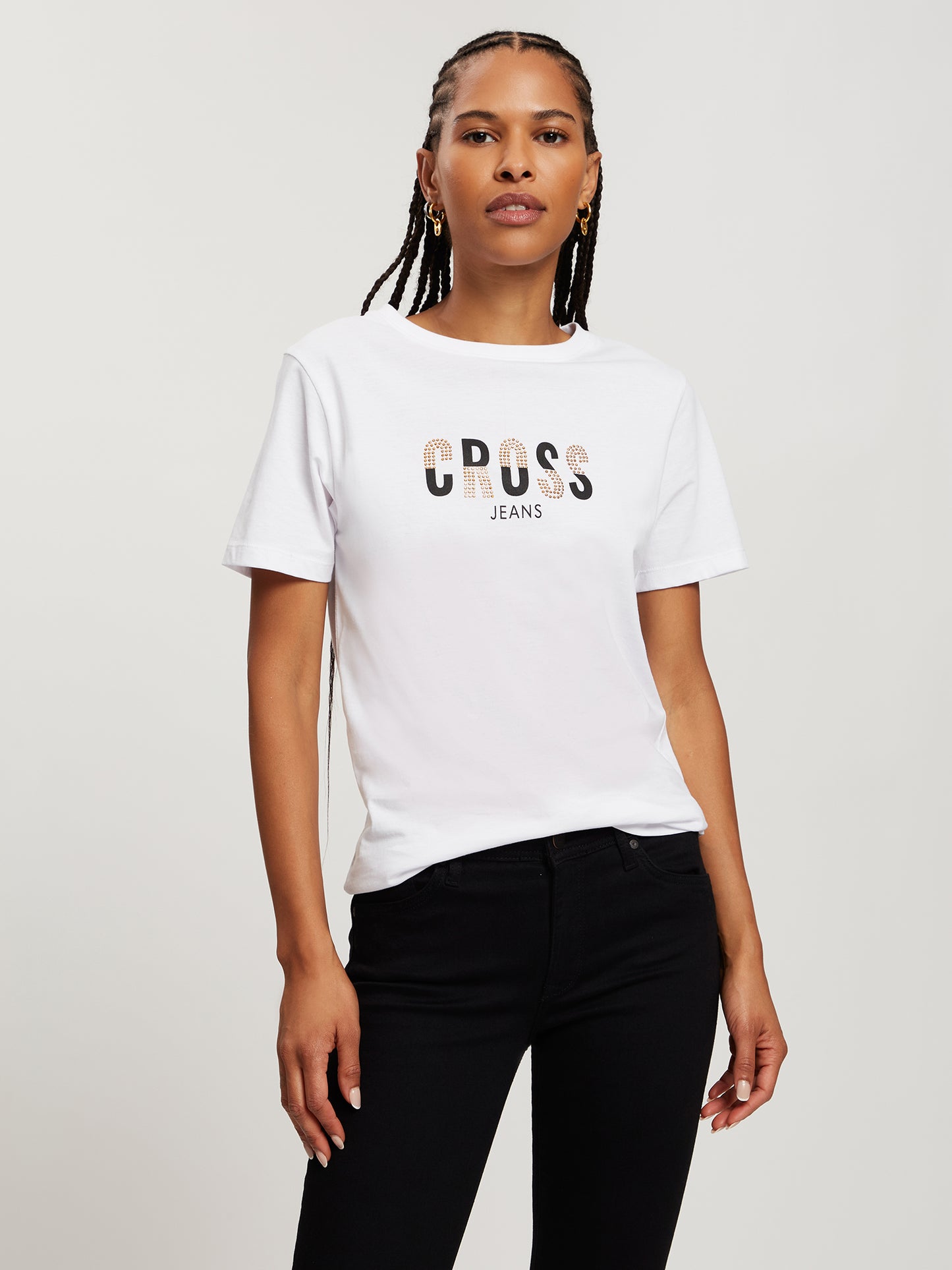 Damen Regular T-Shirt mit Label-Print und Schmucksteinen weiß