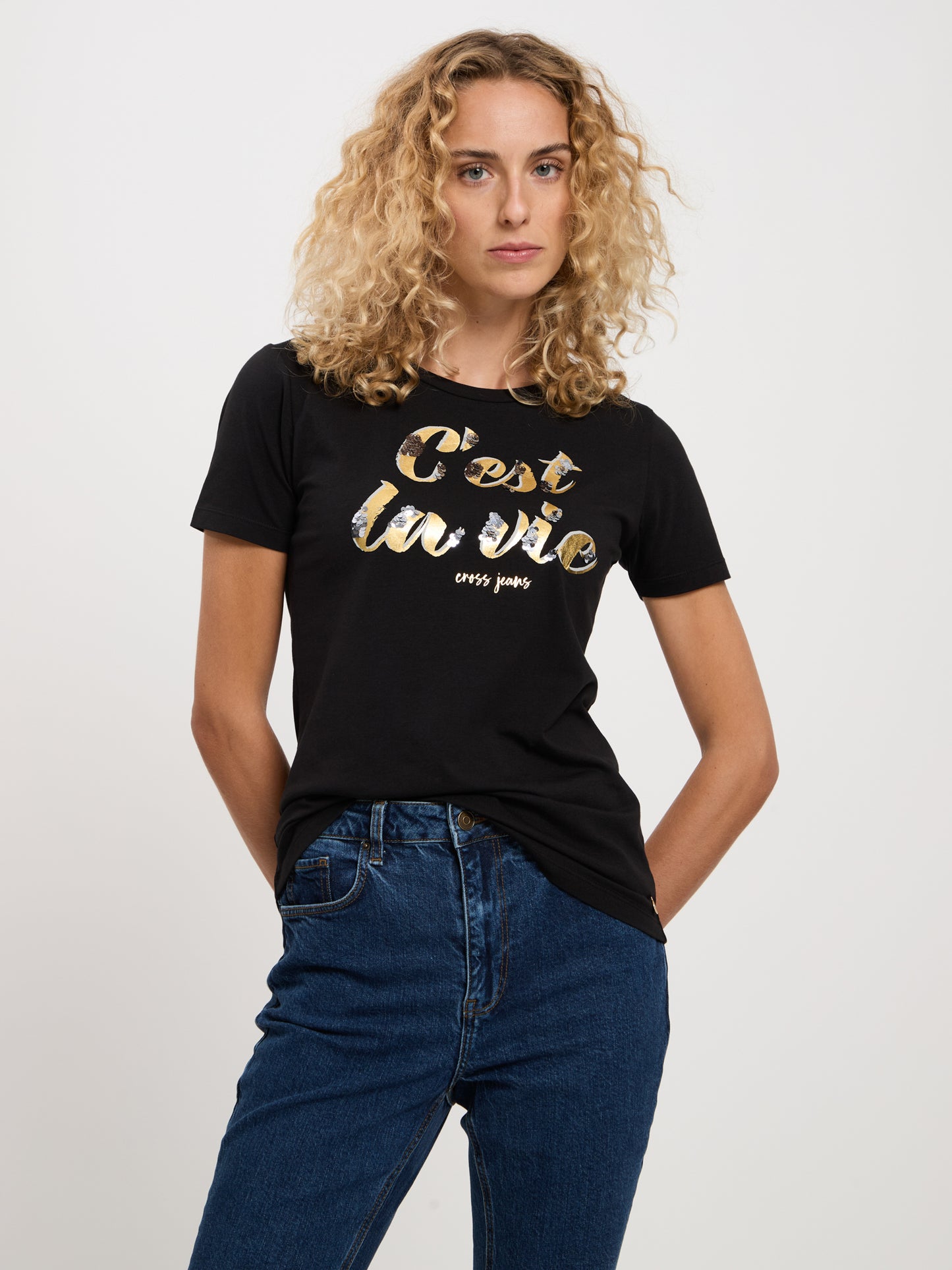 Damen Regular T-Shirt mit Message-Print und Pailletten schwarz