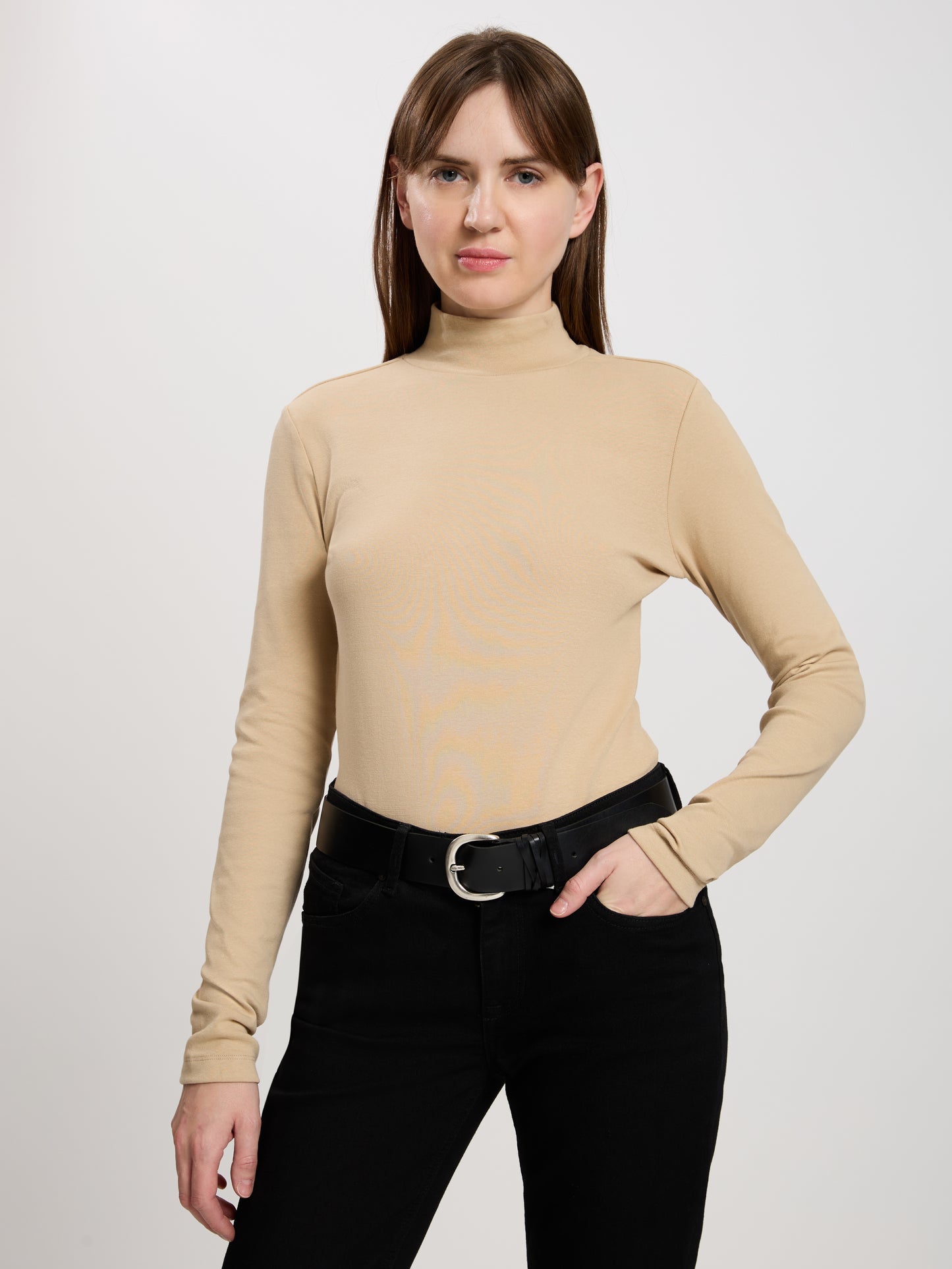 Women's regular shirt with turtleneck in beige