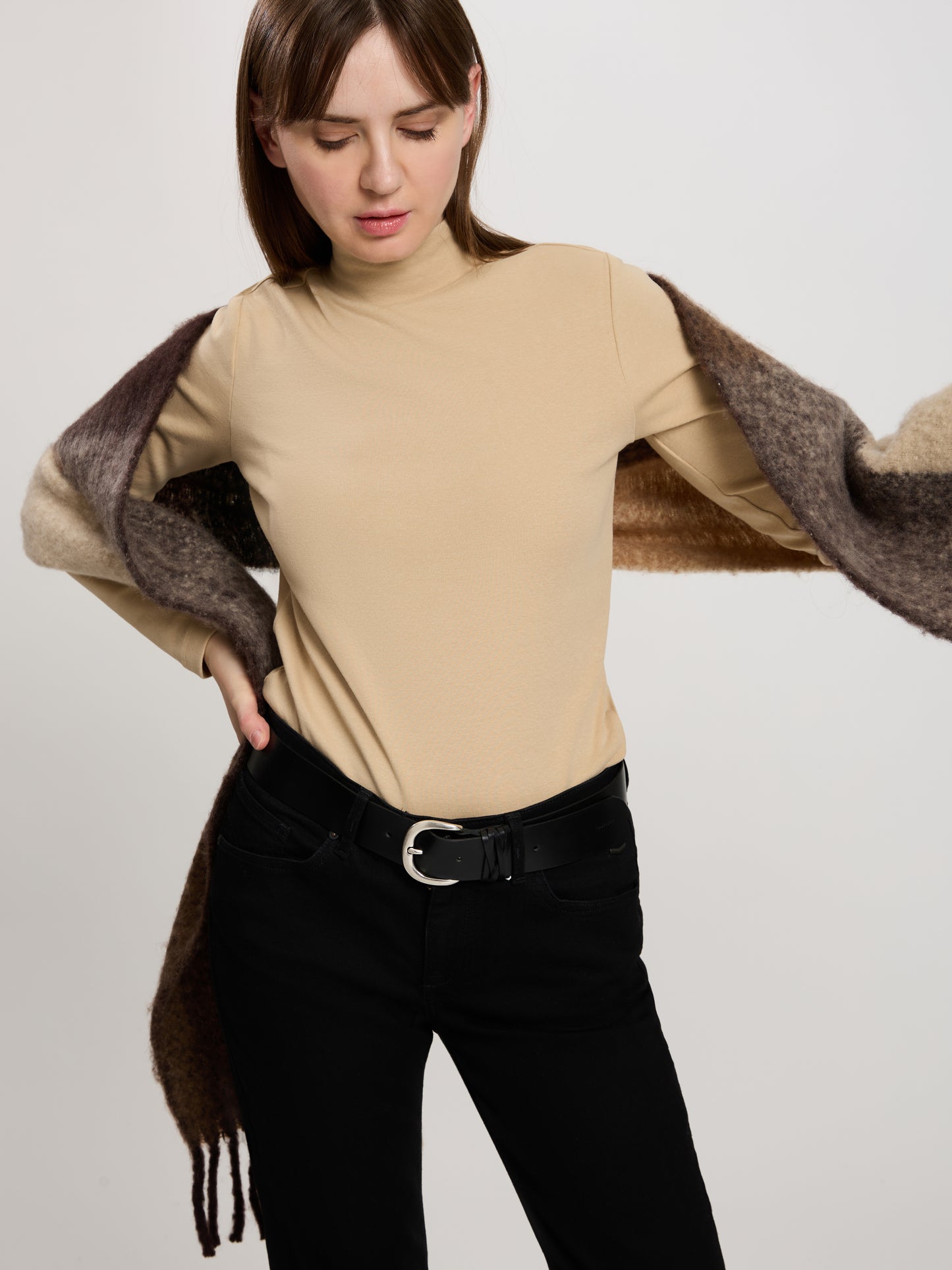 Women's regular shirt with turtleneck in beige