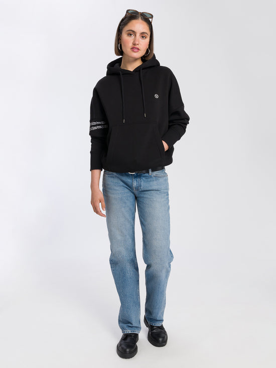 Damen Oversize Hoodie mit Logo Print am Ärmel schwarz